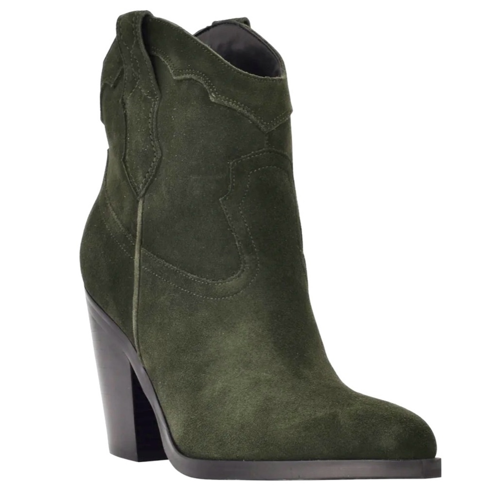 NEW MARC FISCHER Gona Western Booties Dark Olive Green Boots Yeehaw Core NWOB